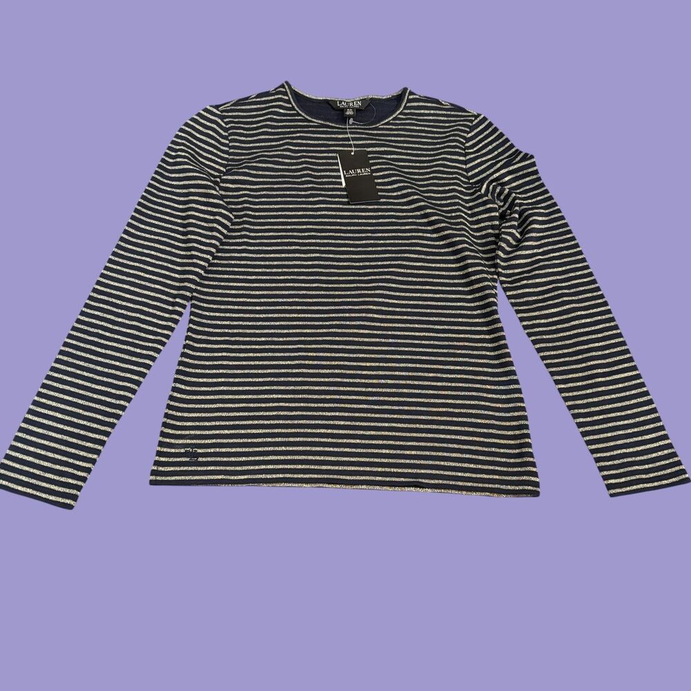 Lauren Ralph Lauren Shirt Womens S Blue Gold Sparkle Stretch Knit Long Sleeve